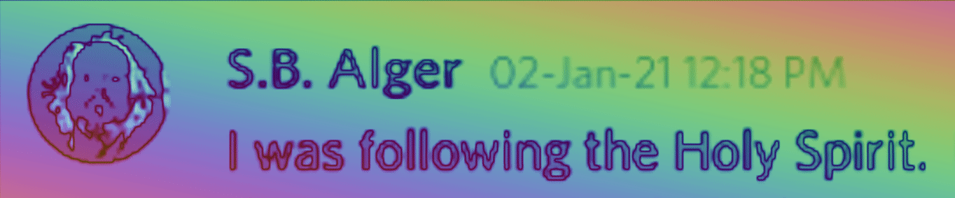 Discord: S.B. Alger: I was following the Holy Spirit.